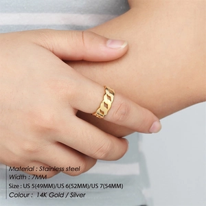 7MM wide gold-plated stainless steel Cuban chain ring shown on finger for women