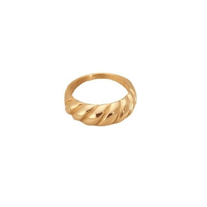 Polished gold plated stainless steel croissant dome ring with textured twist design