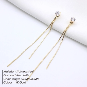 Boucles d'oreilles longues en acier inoxydable 14K avec zircons 4mm et chaînes serpent