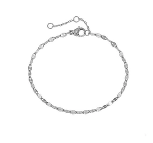 Detailed macro of silver stainless steel chain with flat faceted links and lobster clasp