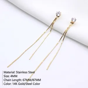 Boucles d'oreilles pendantes en acier plaqué or 14K avec zircon 4mm et chaînes serpent