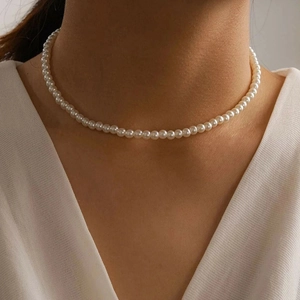 Elegant 14K gold plated choker necklace with round cream white faux pearls for women
