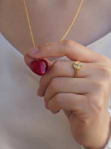 Detail of a golden textured sunburst ring and red heart pendant necklace on a model