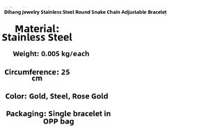 Detailed specifications of adjustable stainless steel snake chain bracelet in various colors