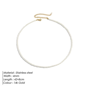 Detail of 4mm imitation pearl necklace with 14k gold plated stainless steel clasp and chain