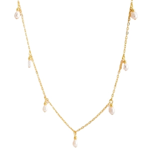 Golden stainless steel necklace featuring seven baroque pearls on a classic link chain