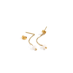 Elegant gold-plated stainless steel earrings with dangling white pearls on a white base