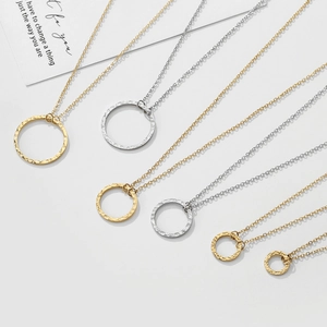 Minimalist hammered circle pendant necklaces in gold and silver finish with O-chains
