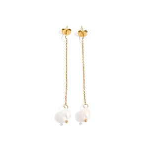 Elegant gold plated stainless steel long chain earrings with hanging white pearls