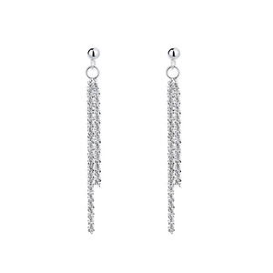 Detailed view of silver stainless steel chain tassels on long minimalist drop earrings