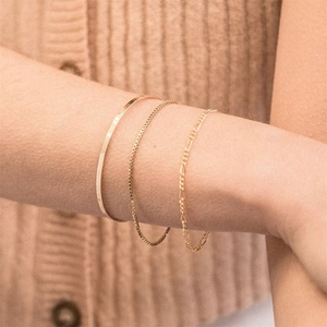 Minimalist gold stainless steel box and Figaro chain bracelet set for women