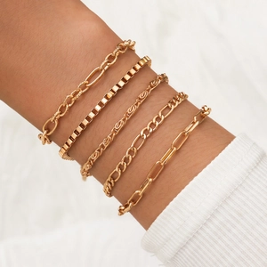 Five-piece gold stainless steel box chain bracelet set worn by a female model