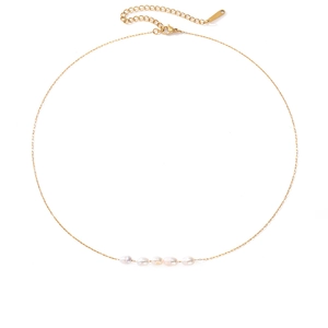 Gold stainless steel necklace featuring five freshwater pearls and adjustable lobster clasp