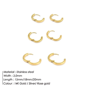Three pairs of 14K gold plated stainless steel hoop earrings in 15mm 18mm and 20mm sizes