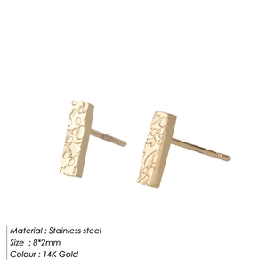 Minimalist 14K gold stainless steel bar stud earrings with hammered texture finish