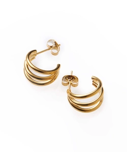 Minimalist triple-layered C-shape gold earrings with a polished finish on white background