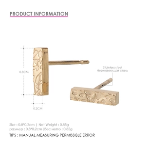 Detailed view of gold rectangle bar earrings with textured hammered finish and dimensions