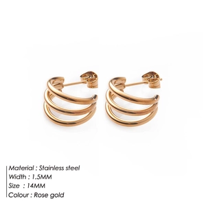 Detail showing dimensions of triple hoop C-shape earrings in rose gold finish