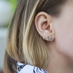 Silver geometric stud earring set featuring triangle bar and hammered ring designs