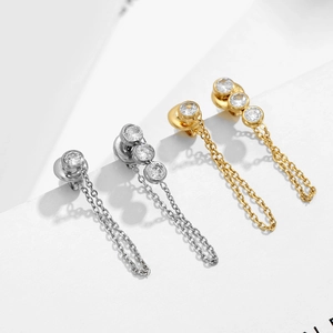 Surgical steel stud earrings with zircon stones and elegant chain tassels in gold and silver