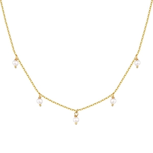 Close-up of a gold necklace featuring five evenly spaced white faux pearls on a fine link chain