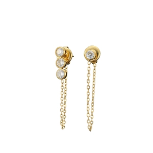 Detailed macro view of asymmetric gold-plated tassel earrings with clear zircon stones