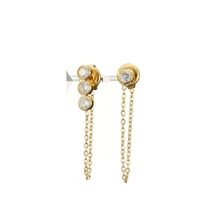 Close-up of asymmetrical gold tassel earrings featuring sparkling zircon stone settings