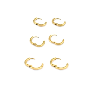 Three pairs of polished gold stainless steel hoop earrings in small medium and large sizes