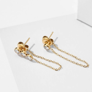 Detail shot of gold-plated stainless steel tassel earrings with sparkling zircon stones