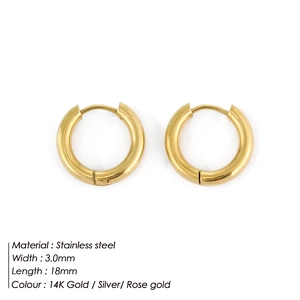 Detail view of 3mm thick stainless steel hoop earrings showing dimensions and 14K gold finish