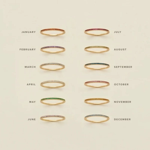 Detailed set of twelve thin gold rings featuring colorful monthly birthstones for stacking