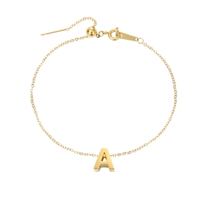Detail of gold stainless steel anklet with letter A pendant and adjustable slider clasp