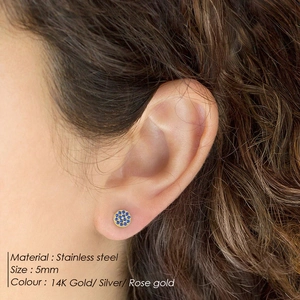 5mm 14K gold stainless steel round stud earrings with pave blue zircon stones on ear