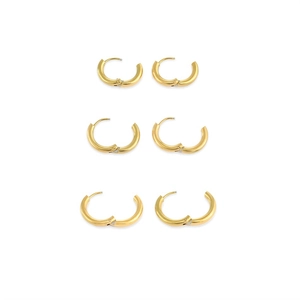 Three pairs of classic gold-plated stainless steel hoop earrings in various sizes