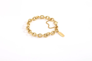Detailed shot of golden stainless steel chain bracelet with rectangular pendant tag