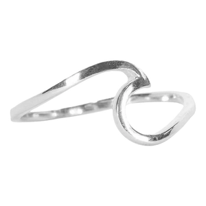 Minimalist stainless steel wave ring with polished silver finish and curved fluid design