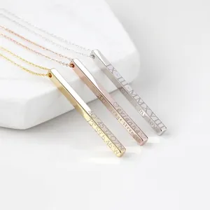 Custom engraved stainless steel vertical bar necklace in silver, gold, and rose gold finishes