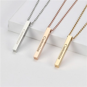 Vertical bar pendants in silver, gold, and rose gold with customizable engraving details