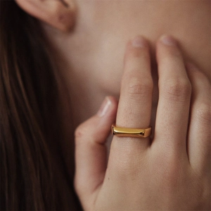 Polished gold geometric rectangle ring made of stainless steel on a model hand