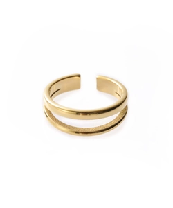 Close-up of golden double-layer stainless steel ring with polished and matte finishes