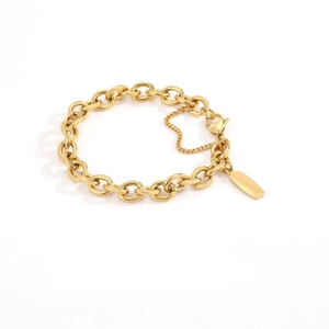 Polished gold-plated stainless steel chunky link bracelet with rectangular tag pendant