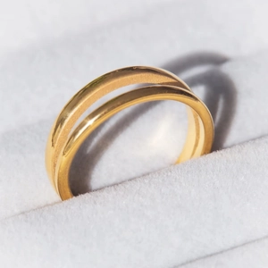 Detailed close-up of double-layer gold stainless steel ring with polished and matte textures