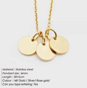 Detail of 6mm round disc pendants on a stainless steel necklace with size specifications