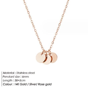 Detail view of 6mm round triple pendants on a 38+5cm rose gold stainless steel chain