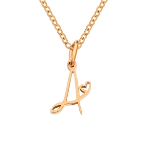 Detail of rose gold cursive letter A necklace featuring a hollow heart pendant and cross chain