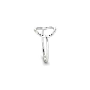 Detail of minimalist silver stainless steel open ring with artistic hollow geometry