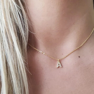 Minimalist 14K gold plated necklace with a sparkling diamond inlaid letter A pendant