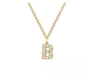 Detail of 14K gold plated necklace featuring an iced-out letter B pendant with zircon