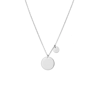 Detailed view of layered circular stainless steel pendants on a polished chain necklace