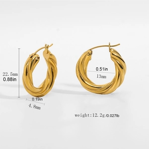 Detail view of gold twisted hoop earrings with precise size and weight measurements